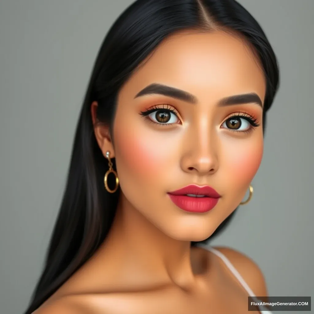 Create a 25-year-old Indian female AI influencer named Aanya with a well-maintained figure of 36-28-36. She has a Korean milky white complexion, high cheekbones, slightly large almond-shaped deep brown eyes with long, thick eyelashes, well-defined, slightly arched eyebrows, a perfectly proportioned nose, and soft, well-defined lips with a natural deep pinkish color. Aanya's long, thick, lustrous black hair complements her elegant.