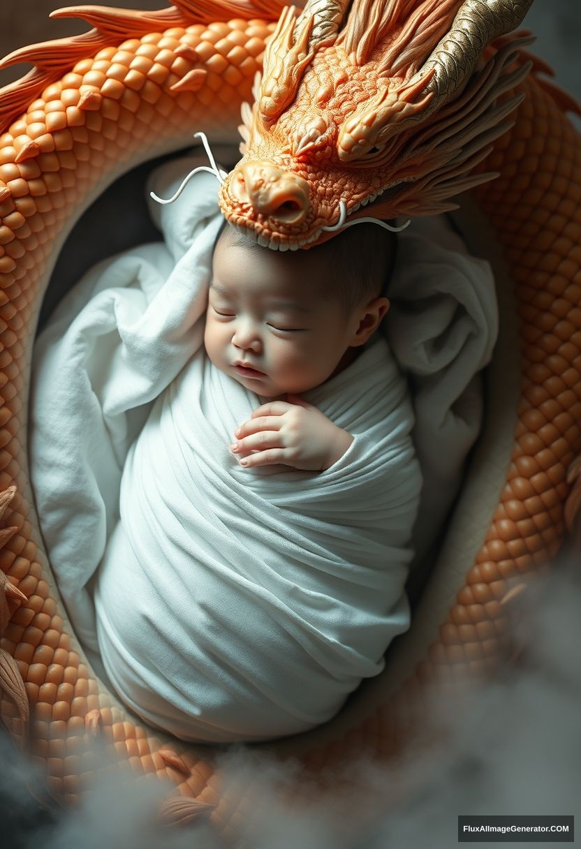 A one-month-old Chinese baby swaddled in white fabric lies in the embrace of an Eastern dragon, majestic and powerful. The dragon surrounds him, with realistic details such as scales, dorsal fins, and hair, shrouded in mist, creating a magical atmosphere. The baby's skin is fair and delicate, resembling a high-quality, realistic photo, a masterpiece, in panoramic view.