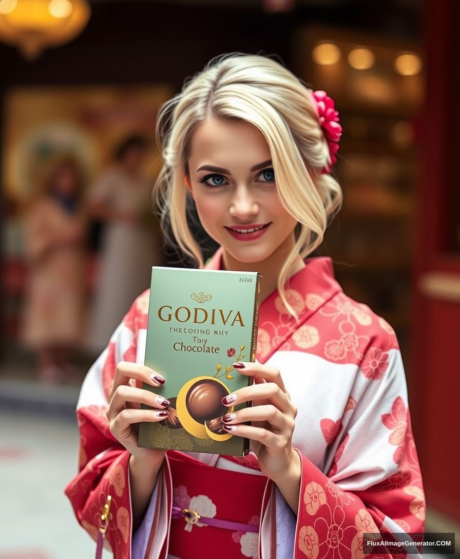 Godiva chocolate, a blonde girl in a kimono is holding it. - Image