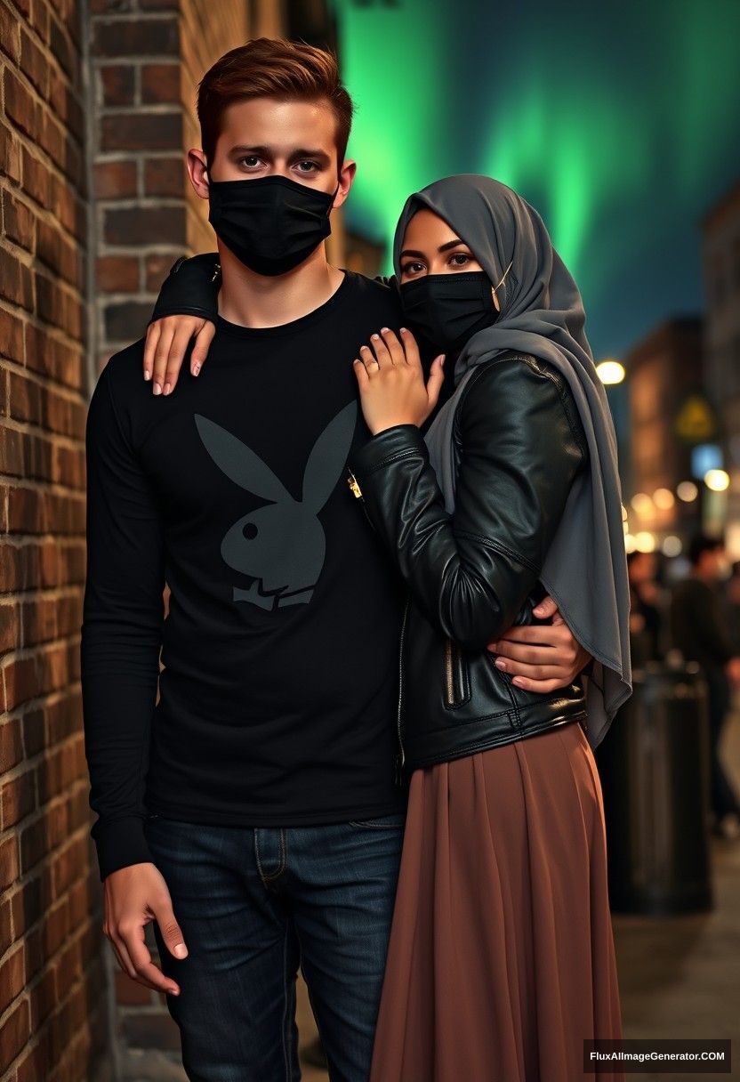 Jamie Dornan, tall, young, wearing a black face mask, black long-sleeve playboy T-shirt, jeans,

dating romantically with a grey hijab Muslim girl, beautiful eyes, black face mask, leather jacket, wearing the longest and biggest skirt, not a tall girl,

lying on his shoulder, hugging him from behind, persuaded him, near a brick wall, in town, photorealistic, street photography, night scenery, aurora borealis. - Image