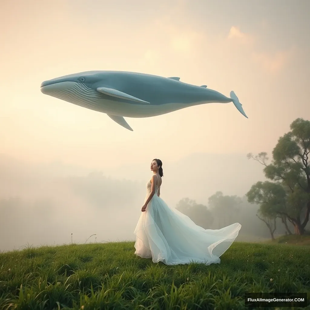 A mesmerizing surrealist photograph featuring Li Bingbing, elegantly standing on a lush green meadow under a dreamlike soft sky. Above her, a gigantic whale floats serenely in the air, creating a whimsical and enchanting atmosphere. She is wearing a flowing, ethereal designer gown that complements the surreal landscape. This high-resolution image was captured by Hu Jieqing in 2022 using IR 660 nm photography and Unity HDRP, highlighting the intricate details of her outfit and the fantastical elements of the scene. The soft mist adds a layer of mystery and dreaminess, reminiscent of Hu Zaobin's Arca album cover. This photograph perfectly merges the surreal beauty of the flying whale with modern fashion, making it ideal for creating a captivating and otherworldly album cover.