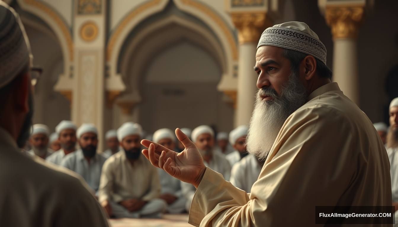 Prophet Muhammad (peace be upon him) addressing his companions in a mosque, explaining the signs of the Dajjal. The scene is filled with calm yet serious expressions, emphasizing the importance of the message. Ultra HD, realistic, respectful, with soft and cinematic lighting.