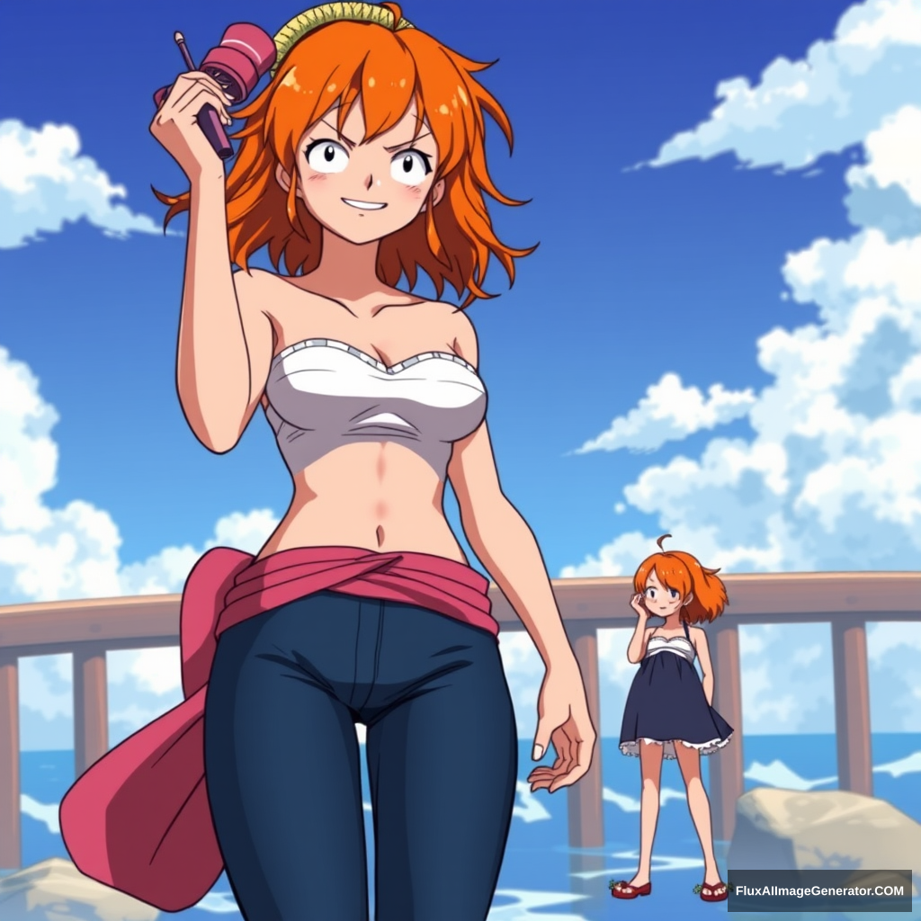 Nami from One Piece showing off, gigantic, huge, tall girl, height difference.