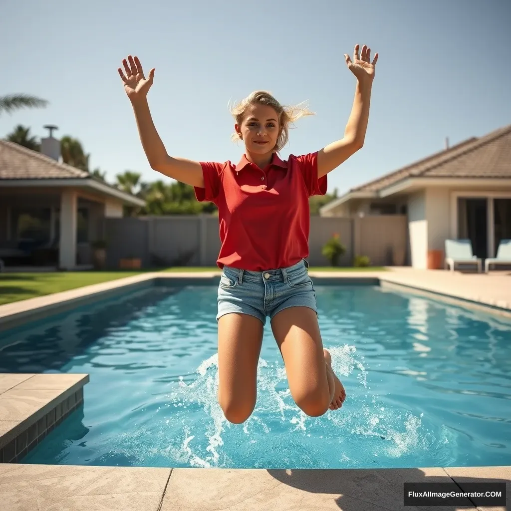 Front view of a young blonde skinny woman who has a good tan is in her early twenties in her massive backyard wearing a massively oversized red polo t-shirt which is a bit off balance on one of the shoulders and the bottom part of her t-shirt isn't tucked in. She is also wearing M-sized light blue denim shorts and no shoes or socks. She jumps into the pool with her arms high up in the air, creating a big splash with her legs going underwater. - Image