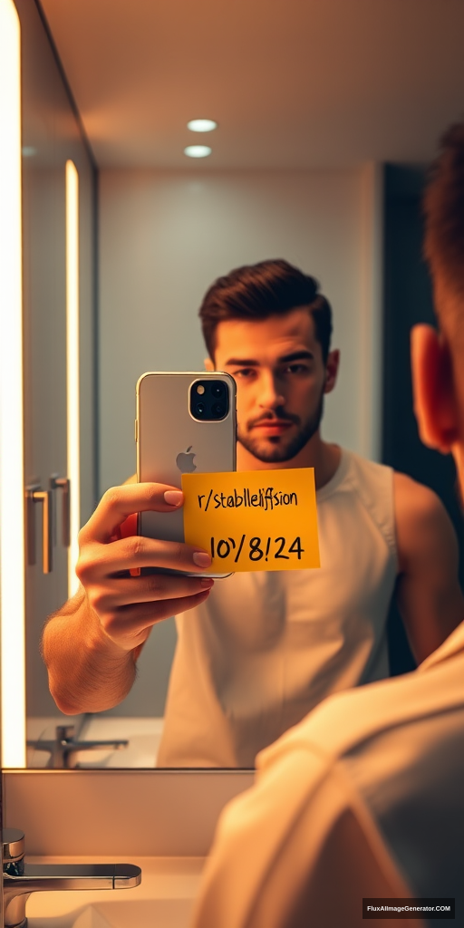 Man in sleek modern bathroom, capturing mirror selfie with latest iPhone. Holds yellow Post-it note reading "r/stablediffusion 10/08/24". Hyper-realistic style: razor-sharp details, lifelike textures. Warm LED lighting casts soft shadows. Gleaming chrome fixtures. Atmosphere of anticipation and self-awareness. Contemporary digital culture reflected. - Image