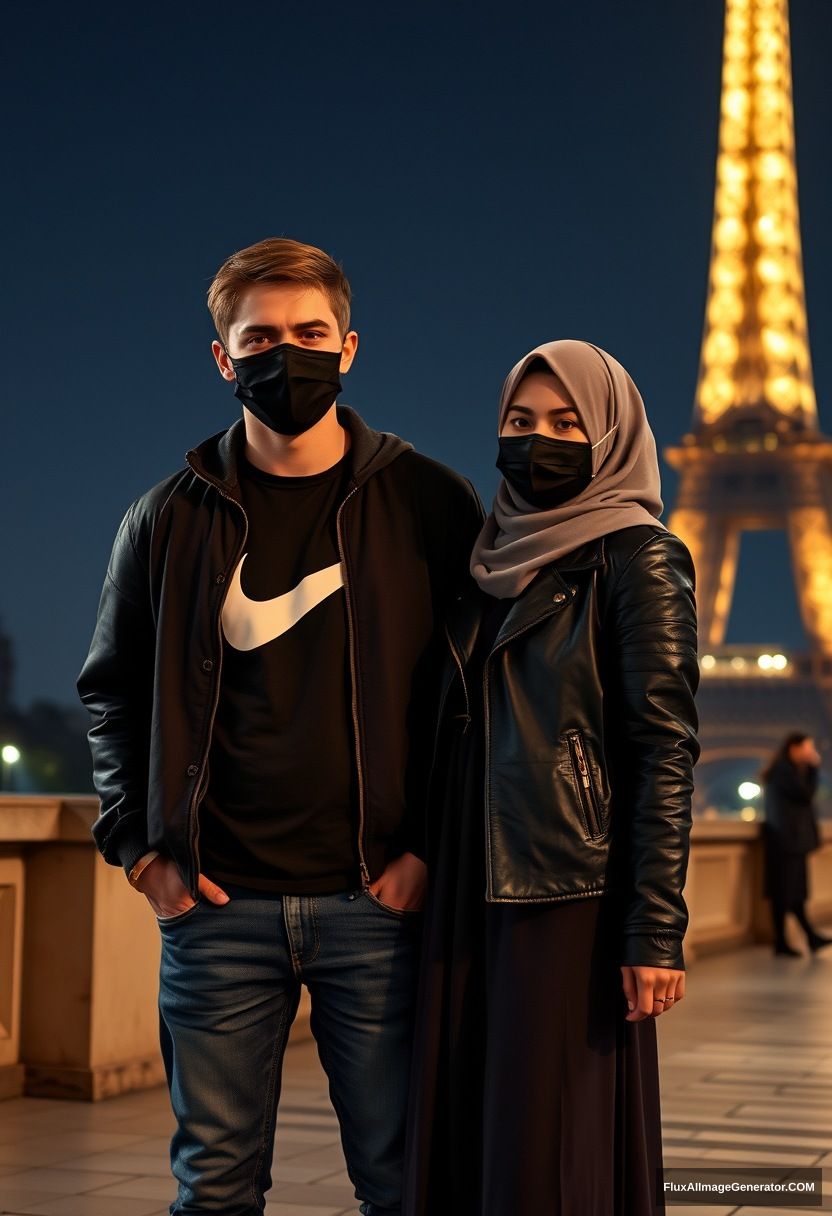 Jamie Dornan, young, black face mask, collage jacket, Nike t-shirt, jeans, tall man, fit body,

Dating, love with the biggest grey hijab Muslim girl, beautiful eyes, black face mask, leather jacket, biggest longest skirt, cute short girl,

standing near the Eiffel Tower, night scenery, hyper-realistic, photorealistic, street photography. - Image