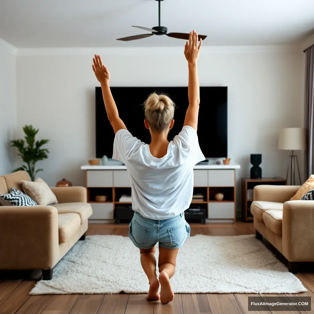 Side view angle of a blonde skinny woman who is in her massive living room wearing a massively oversized white t-shirt, which is also very off balance on one of the sleeves for the shoulders, and wearing oversized light blue denim shorts that aren't rolled up. She is without shoes or socks and faces her TV, diving head first into it with both arms raised below her head and her legs high up in the air, at a 60-degree angle. - Image