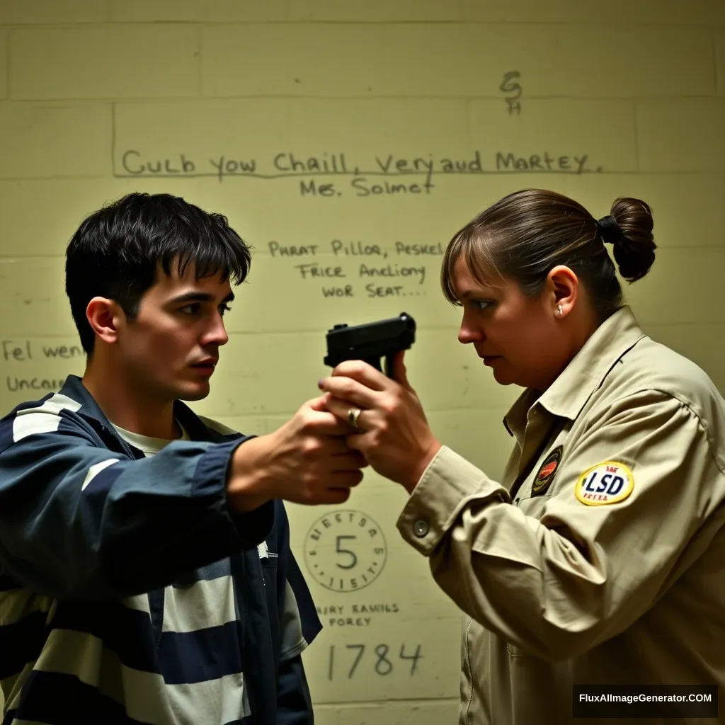 A prisoner threatens a female guard with a homemade soap pistol in an escape scene. - Image