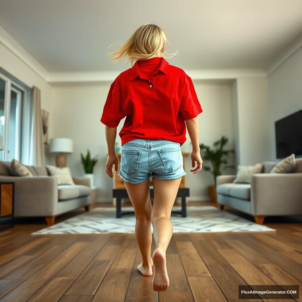 Front view of a blonde skinny woman in her massive living room, wearing a massively oversized red polo t-shirt that is very off-balance on one of her shoulders. She is dressed in big light blue denim shorts that reach knee height and is not wearing shoes or socks. She faces the camera while getting off her chair and runs towards it with both arms straight down at her sides. - Image