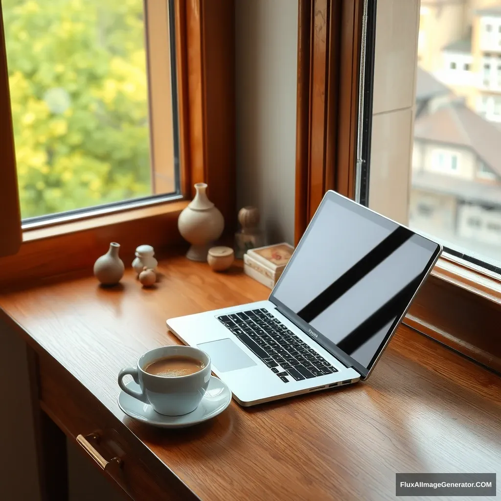 The desk by the window holds a laptop, coffee, and small ornaments, giving a warm and quiet feeling.