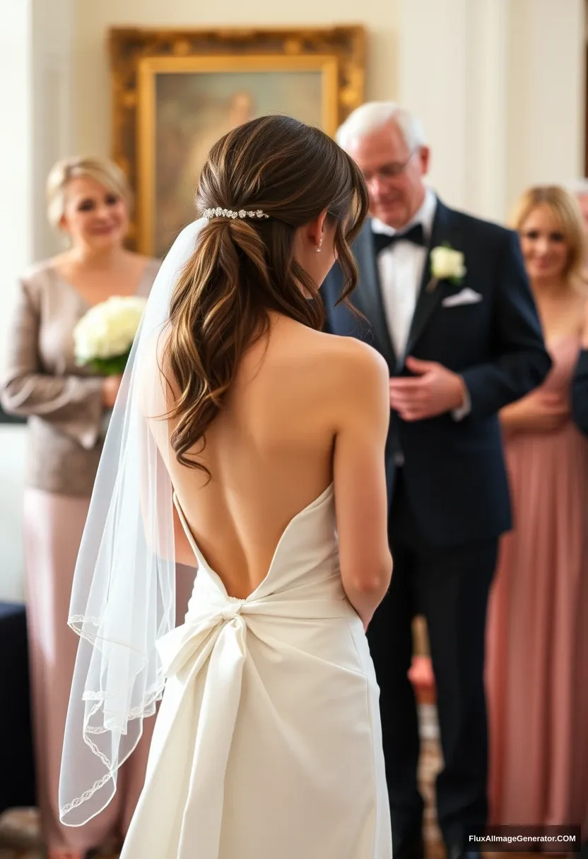 a short young woman, sensitive, delicate, girly, backless strapless side-less low-waisted contouring wedding dress with loose front. Fawning obediently mingling with fathers. Expectations. Perfect posture. Pale skin. - Image