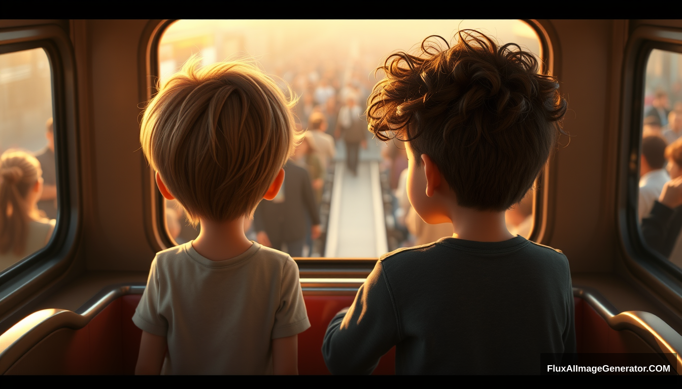 (1 boy and girl), sitting, train, curly hair, golden hours, high quality, aerial view, people, crowd, Pixar style  
BREAK  
looking at viewer - Image