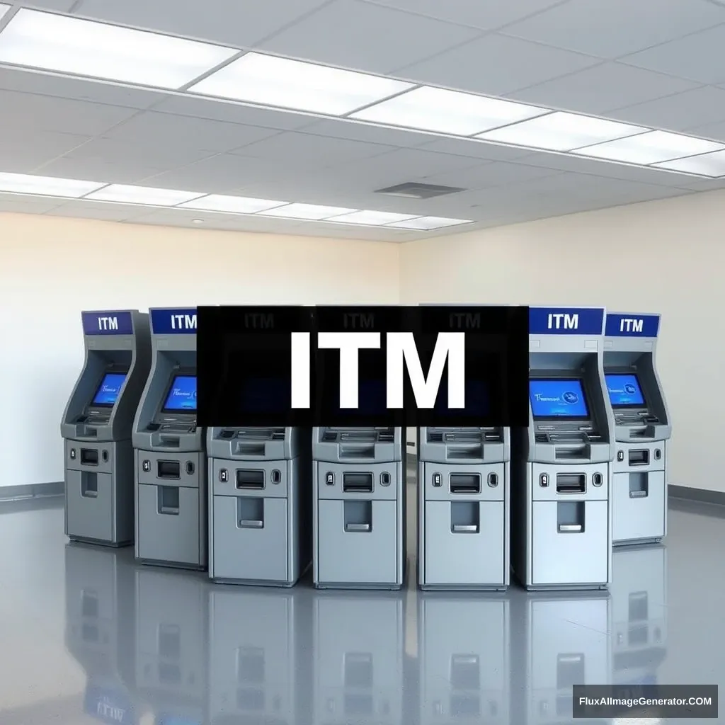 10 Intelligent Teller Machines (ITM) in an empty room - it says ITM across the top. - Image