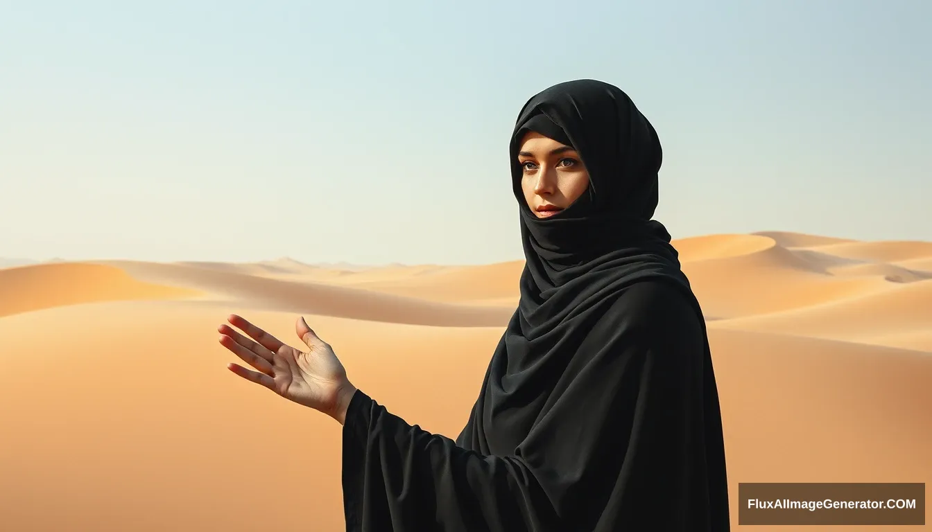 Woman alone, in the desert, palms covered by black cloth, wearing long niqab, neck covered by perfect hijab. realistic, full body, oil painting. - Image