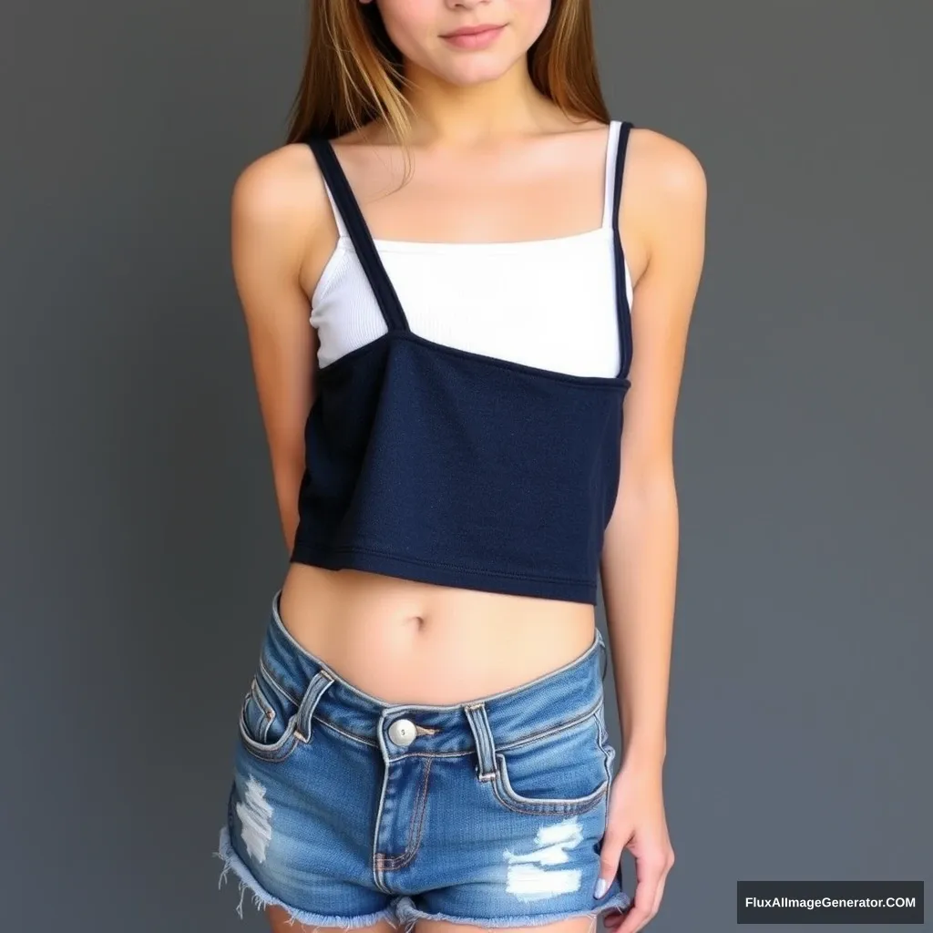 Girl wearing low-rise jean shorts and a crop top tank top.