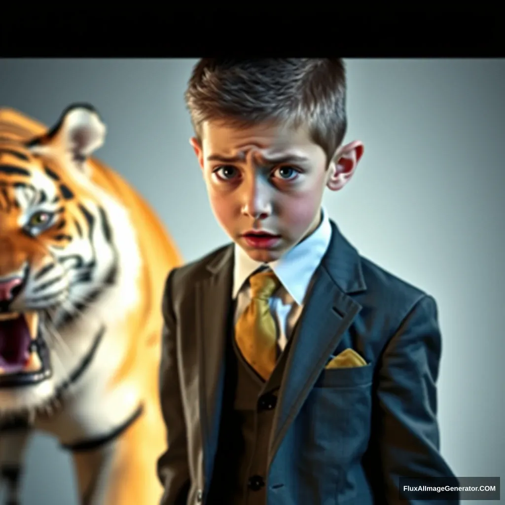 Cute skinny teen boy in a 3-piece suit. He looks scared as he's being attacked by a tiger. - Image