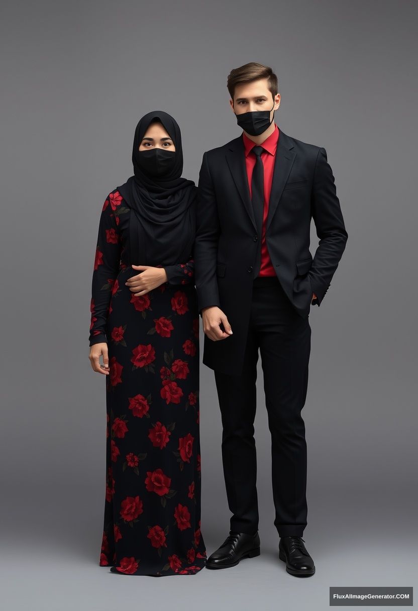 A biggest black hijab girl, beautiful eyes, face mask black, biggest red floral longest dress, not tall, standing, holding his arm

Jamie Dornan, youngest, black suit coat, red shirt, black tie, black leather sneaker, tall man, face mask black, fit tough body, standing near her, love couple

hyper realistic, studio photography, photorealistic - Image