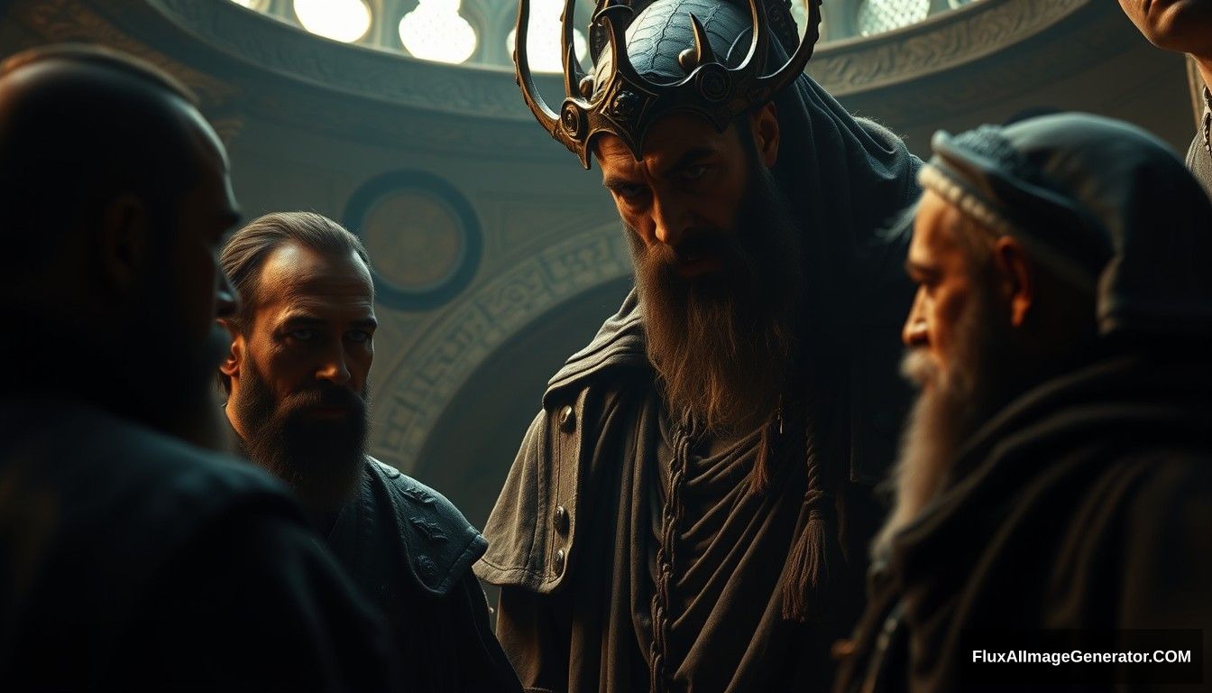 Close-up scene inside the monastery, showing Dajjal asking questions to a group of men. The atmosphere is tense, with Dajjal's imposing figure looming over them. Ultra HD, realistic, intense, with dramatic and cinematic lighting. - Image