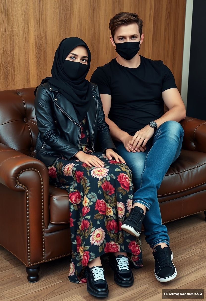 A black hijab girl, slim girl, beautiful eyes, face mask black, black leather jacket, biggest floral long dress, black leather sneaker, sitting on leather single wing sofa, Jamie Dornan, youngest, black T-shirt, jeans, black leather sneaker, tall man, face mask black, fit body, sitting near her, hyper realistic, studio photography.