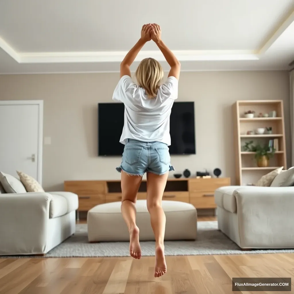 Side view angle of a skinny blonde woman in her large living room, wearing an oversized white T-shirt that hangs unevenly from one shoulder, and oversized light blue denim shorts. She is barefoot, facing her TV, and diving headfirst into it with both arms raised below her head and legs high in the air, positioned at a 60-degree angle. - Image