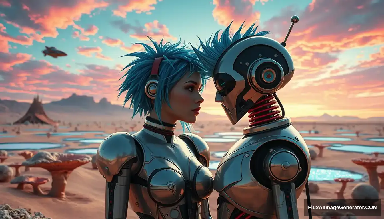 Cinematic Photo of a couple in the intricate style of Enki Bilal: A delicious attractive punk girl with electric blue spiky hair and a charming retro-futuristic robot. Small spaceship nearby. Scene: on a surreal alien desert adorned with iridescent fungi and shimmering lakes, all beneath a vibrant, dreamlike sky. - Image