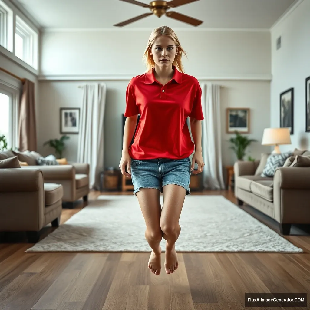 Front view of a blonde skinny woman in her early twenties in her massive living room, wearing an oversized red polo t-shirt that is very off-balance on one shoulder and untucked. She also has on knee-height light blue denim shorts and is barefoot, with no shoes or socks. She faces the camera, looking worried, and runs towards it with both arms straight down on her hips.