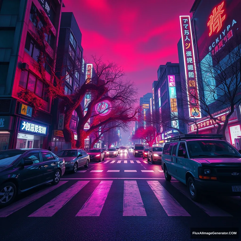 A cyberpunk style video game concept design picture, wide-angle shot, Shibuya Scramble Crossing, Ghostwire Tokyo, night scene, crosswalk line, abandoned vehicles, red Lycoris, blue and purple neon lights, savage vines cling to buildings, trees, sky is dyed red.