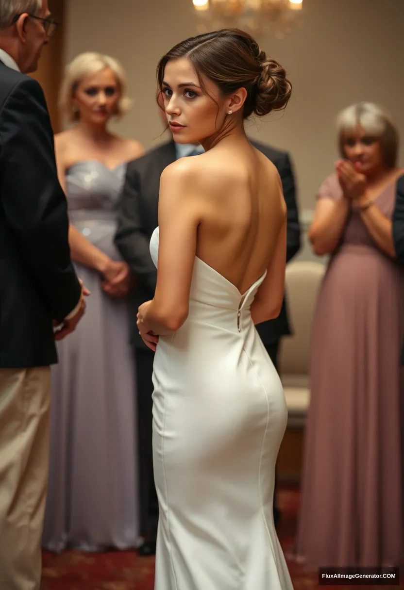 A short young woman, sensitive, delicate, wearing an off-shoulder, backless, strapless, side-less, low-waisted contouring wedding dress with a loose open back that seems to spill to the sides, in front of elder patriarchy, expectations, and perfect posture.