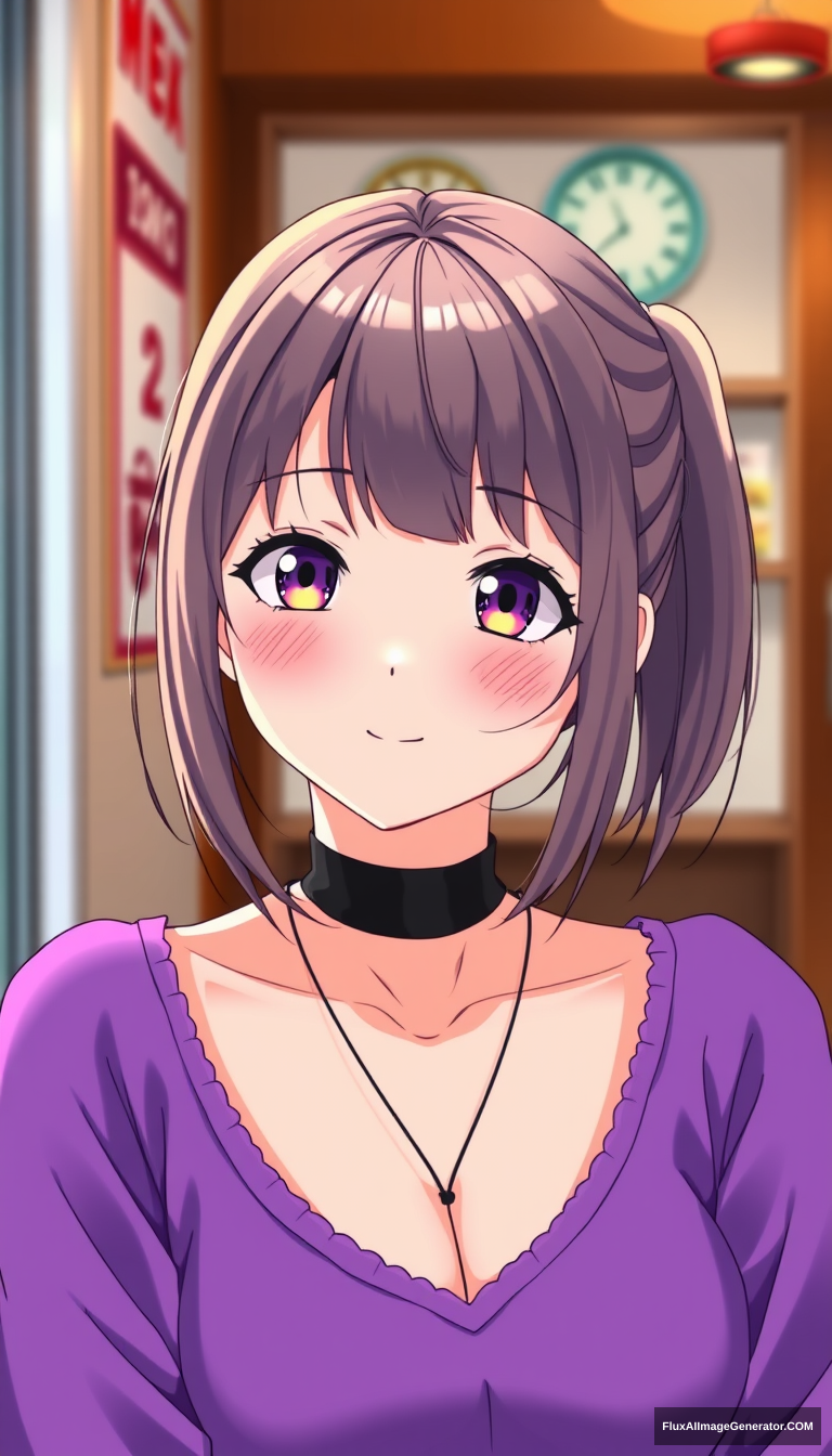 American anime girl. Cute. Purple top.