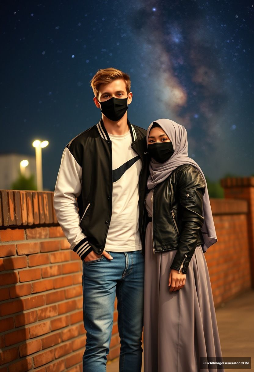 Jamie Dornan, youngest, black face mask, collage jacket, Nike t-shirt, jeans, tall man, fit body,

Dating, love with the biggest grey hijab Muslim girl, beautiful eyes, black face mask, leather jacket, biggest longest skirt, not tall girl,

standing at a brick wall, night scenery, Milky Way, hyper-realistic, photorealistic, street photography.