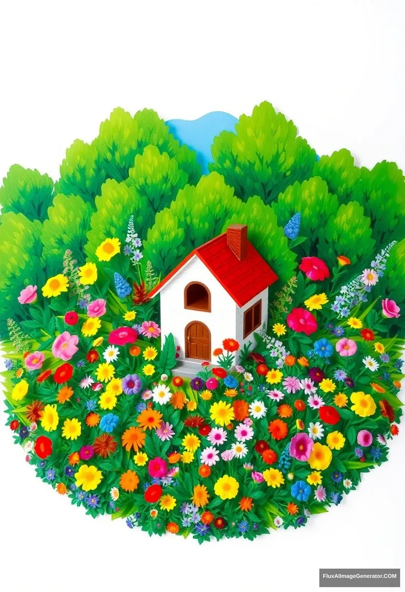 The image depicts a small house surrounded by colorful flowers and plants. The components, colors, composition, situation, and details of the objects are described below:

Components:

The small house in the center has white walls and a red roof, with two brown chimneys. Around the house is a dense growth of different types of flowers and plants. The flowers come in a variety of colors and shapes, and are mixed with the plants to create a lush garden. In the background, green trees surround the house.

Colors:

The house is clearly defined by its white walls and red roof, accented by a brown chimney. The flowers and plants are colorful with a variety of colors including yellow, red, pink, blue, and purple. The trees are painted in blues and greens, and the sky is a clear blue. The colors are bright and cheerful throughout.

Composition:

The flowers and plants are arranged radially around the house, with each element balancing the others. The house sits at the top of the center, providing a sense of stability, and the surrounding flowers and plants naturally draw the eye to it. Flowers of different colors and shapes are arranged in harmony to create visual interest.

Context:

This illustration depicts a small house in nature, with a garden of various flowers in the background. The house exudes a serene and peaceful atmosphere, while the lush garden emphasizes the vibrant beauty of nature. It depicts an ideal place to feel the harmony and tranquility of nature.

Objects:

The main objects are a house with white walls and a red roof, flowers and plants of various colors and shapes, and green trees. Each flower and plant is delicately drawn, emphasizing the richness and colorfulness of the garden.

Analyze painterly techniques and drawing styles:

The painterly technique uses strong, vivid colors to create visual impact, and the contrast of colors clearly distinguishes each element. The drawing style is simple yet detailed, conveying a fairytale, animated feel. The use of flat color surfaces and clear lines gives the piece a clean, modern feel, while the bright, cheerful colors make the overall mood warm and peaceful. David Hockney's style, oil paint.