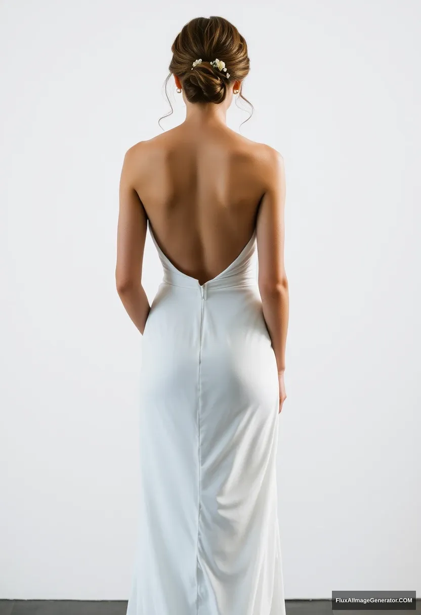 a short young woman, sensitive, delicate, ashamed, backless strapless side-less low-waisted airy loose-fitting contouring wedding dress, in front of patriarchy, expectations.