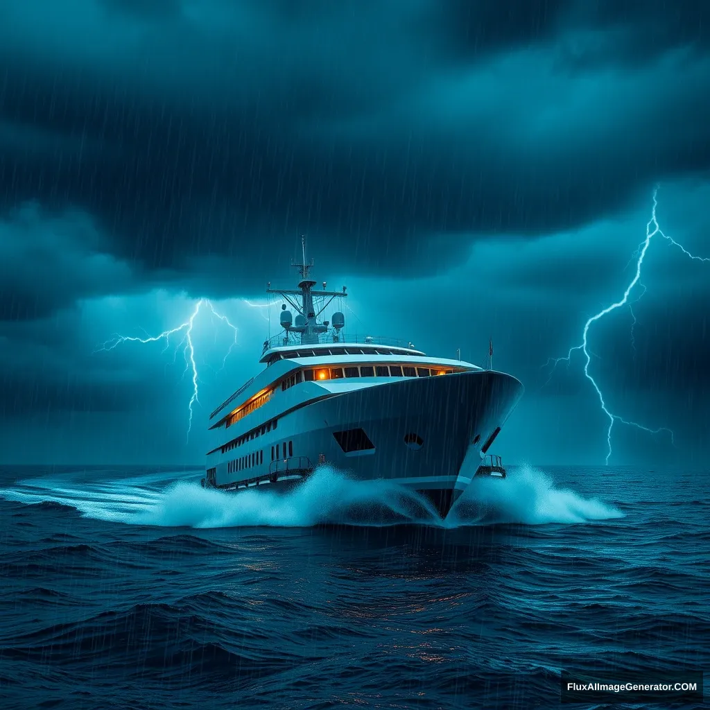 Modern ship traveling in the storm, dark sky, heavy rain, lightning. - Image