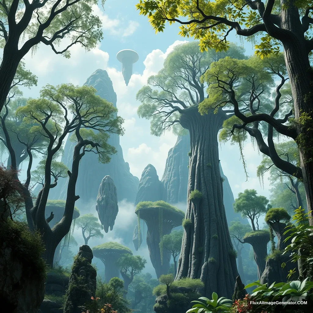 On the planet Pandora, in the strange forest, tall trees stand, their branches and leaves intertwined to form a green canopy. The shapes of these trees vary, with some having thick trunks, some having curved branches, and some with leaves displaying unusual shapes and colors. There are also all kinds of strange flowers and plants growing in the forest, emitting enchanting fragrances. The floating mountains are a great wonder of Pandora. Some of these mountains tower into the clouds, while others have bizarre shapes. They are suspended in the air as if supported by mysterious forces. Clouds and mists envelop the mountains, providing a dreamy atmosphere. The ecological environment of Pandora is vibrant. There are various strange creatures here, each with unique shapes and colors. Some creatures can glow, some can fly, and some live in the water. The sky on the planet is also very beautiful, frequently showcasing magnificent auroras and meteor showers. On this mysterious and beautiful planet, the Na'vi people live in harmony with nature. They respect nature, protect the ecological environment, and together with other creatures on the planet, they form a complete ecosystem. Ultra-detailed, high-quality image, hyper-realistic, sharp focus, professional majestic oil painting, trending on ArtStation, trending on CGSociety, intricate, high detail, dramatic, photorealistic painting art by MidJourney and Greg Rutkowski.