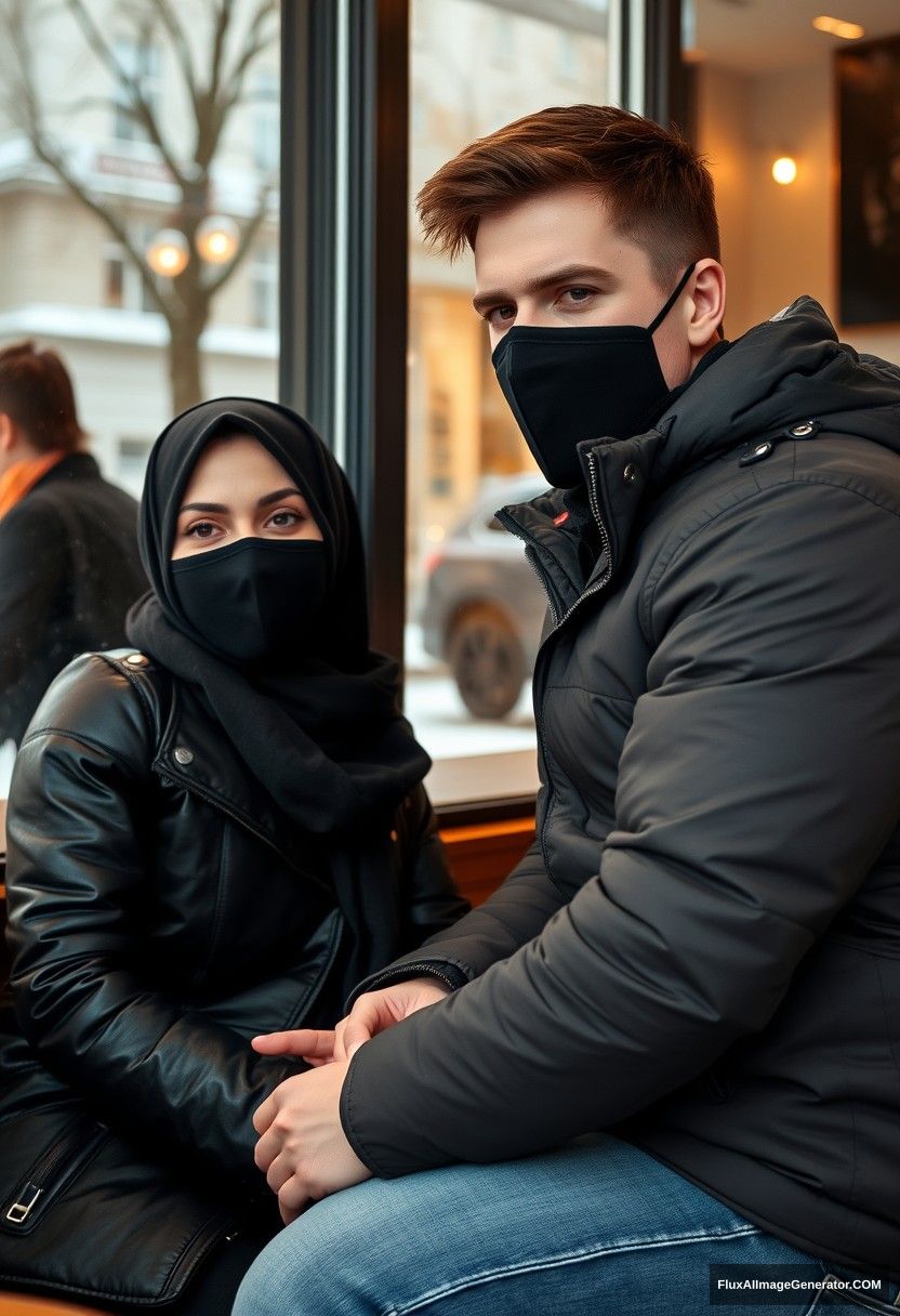 Jamie Dornan, handsome, young, black face mask, snow jacket, jeans, dating a beautiful Muslim girl in a black hijab with beautiful eyes, black face mask, black leather jacket, winter scenery, sitting in a cafe near a glass window in town, photorealistic, street photography.