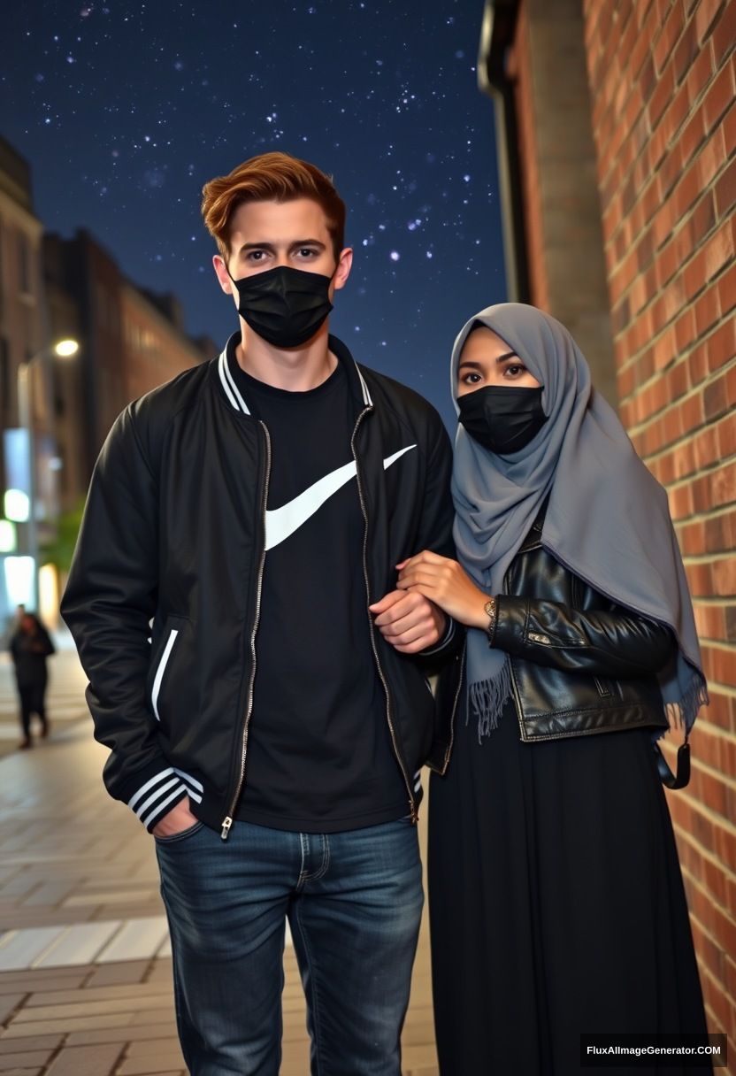 Jamie Dornan, youngest, black face mask, collage jacket, Nike t-shirt, jeans, tall man, fit body,

Dating, love with the biggest grey hijab Muslim girl, beautiful eyes, black face mask, leather jacket, biggest longest skirt, slim, not tall girl, love holding his arm,

Standing at a brick wall, spoiler, in town, night scenery, milky way, hyper-realistic, photorealistic, street photography.