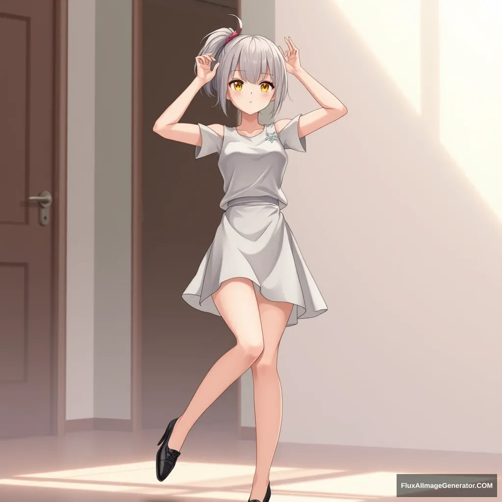 "A girl, short hair, ponytail, slender waist, indoors, raising arms, lips, high heels, skirt, realistic style." - Image