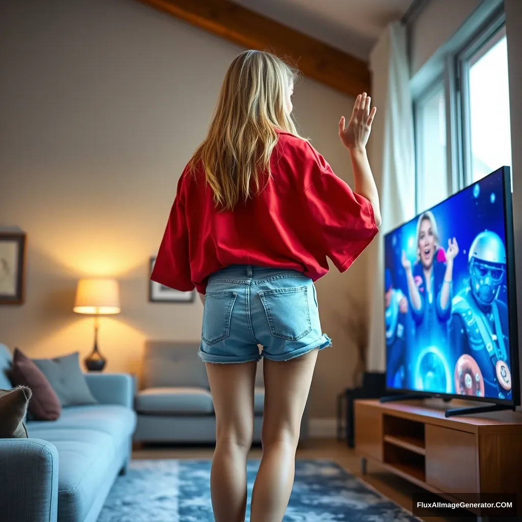 A young blonde skinny woman in her early twenties, seen from the back, stands in her large living room. She's wearing an oversized red polo shirt that hangs unevenly on one shoulder, with the bottom tucked in. She also has on light blue denim shorts and is barefoot. Looking at her TV with a shocked expression, she takes a headfirst dive into the magical screen. - Image