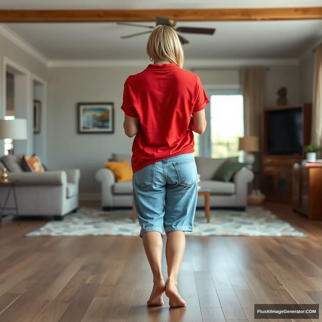 Back view of a slender blonde woman in her spacious living room, wearing an extremely oversized red polo shirt that hangs awkwardly off one shoulder, along with large light blue denim shorts that reach her knees. She is barefoot and faces the camera as she gets off her chair, running towards it with both arms crossed over her chest.