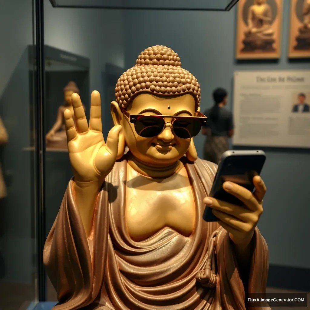 "Museum artifact, an artifact of the Buddha wearing sunglasses and looking at a phone, making a V sign, a humorous shot, comical actions, an interesting piece, exhibit." - Image