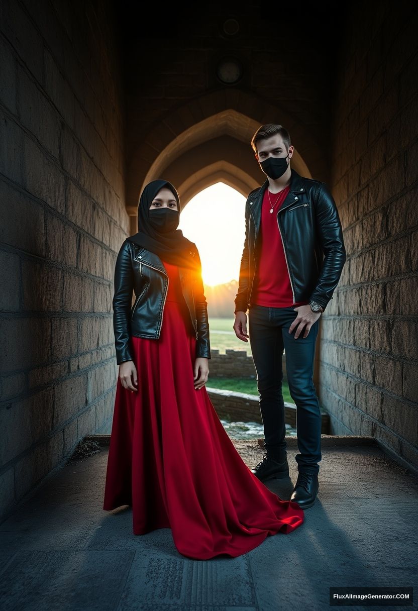 A biggest black hijab girl, beautiful eyes, face mask black, black leather jacket, biggest red longest dress, untall,

Jamie Dornan, handsome, face mask black, fit and tough body, red t-shirt, black leather jacket, jeans, tall man, standing at wall together

Hyper realistic, photorealistic, studio photography, Victoria's abandoned castle, sunrise.