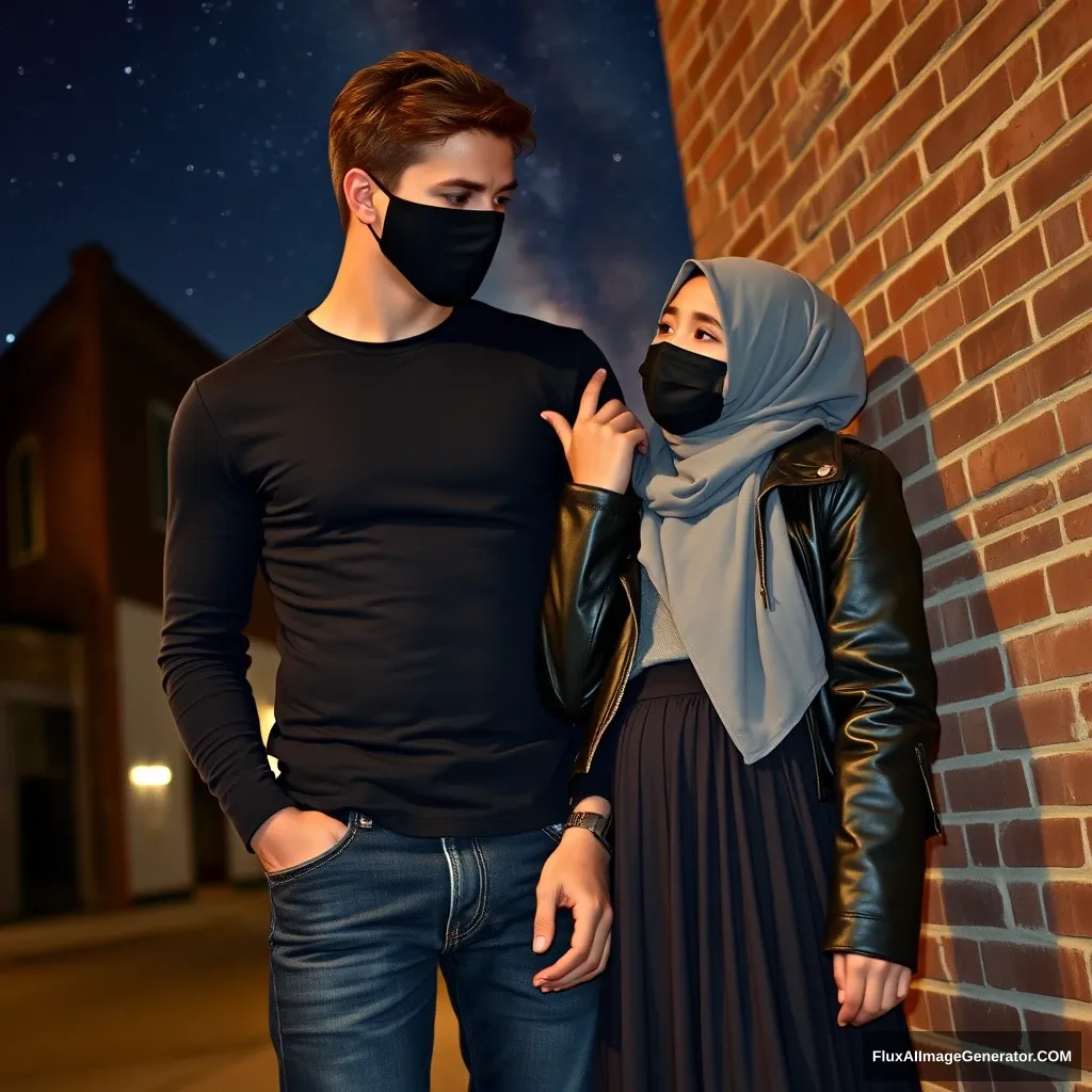 Jamie Dornan, tall, young, wearing a black face mask, a black long-sleeve playboy T-shirt, and jeans, dating a beautiful Muslim girl in a grey hijab with beautiful eyes, also wearing a black face mask, a leather jacket, and the longest and biggest skirt, who is not tall. She's crying, lying on his shoulder, being hugged from behind, flirting and persuading her, against a brick wall in town, photorealistic street photography, night scenery, with the Milky Way. - Image