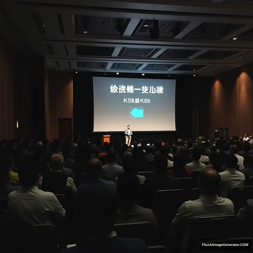 A large conference room is filled with an audience. On stage, a speaker stands in front of a big screen, which displays the Chinese text "Starting K8s: From Zero to Hero." The audience is fully engaged, attentively listening to the speaker's presentation. The room is dimly lit, but the stage lights are bright, illuminating both the speaker and the screen. This image conveys an atmosphere of knowledge sharing and learning.