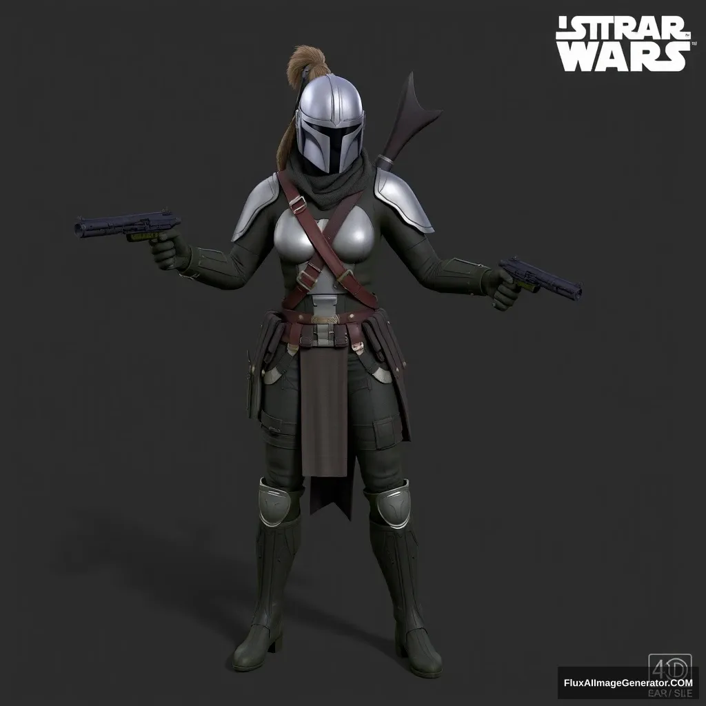 3D model of a Mandalorian female, full body, guns drawn, detailed, AAA game asset.