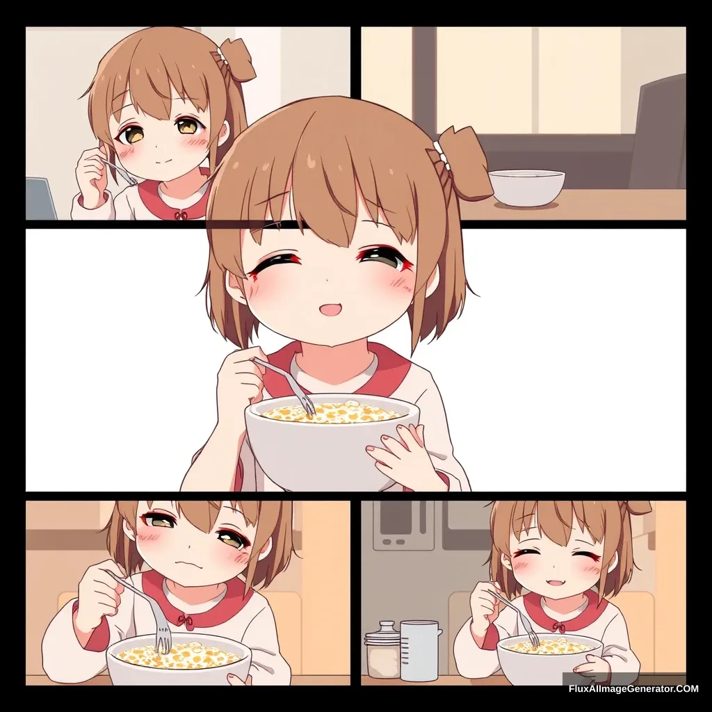 Collage of different images of a tender anime girl eating oatmeal porridge.