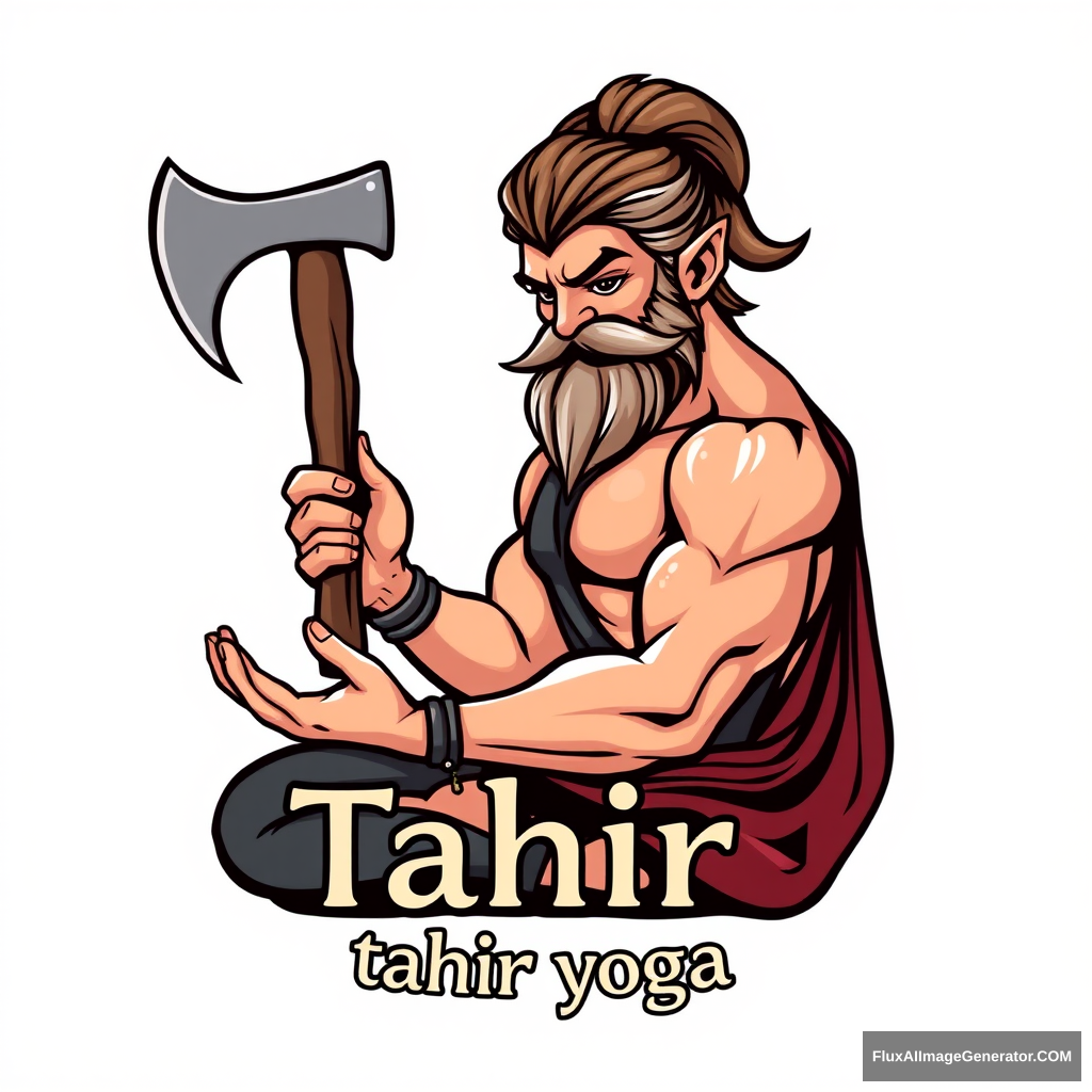 Typical yoga center logo, but with a muscular dwarf-warrior sexy-looking and calm with a beard and axe flirting with a woman by touching her arm in a yoga pose. The text on the logo says “Tahir yoga”.