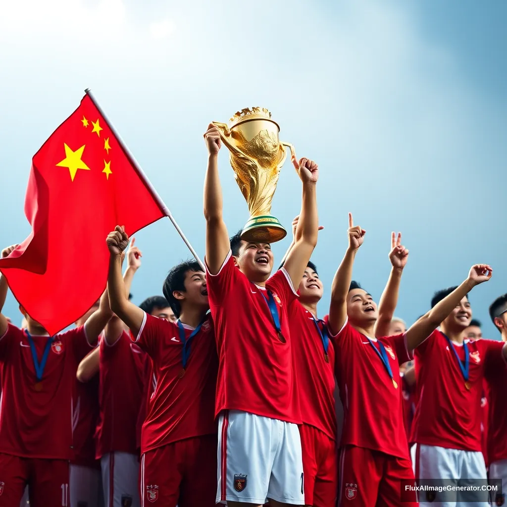 "China's football team wins the World Cup, lifts the Hercules Cup and waves the five-star red flag."