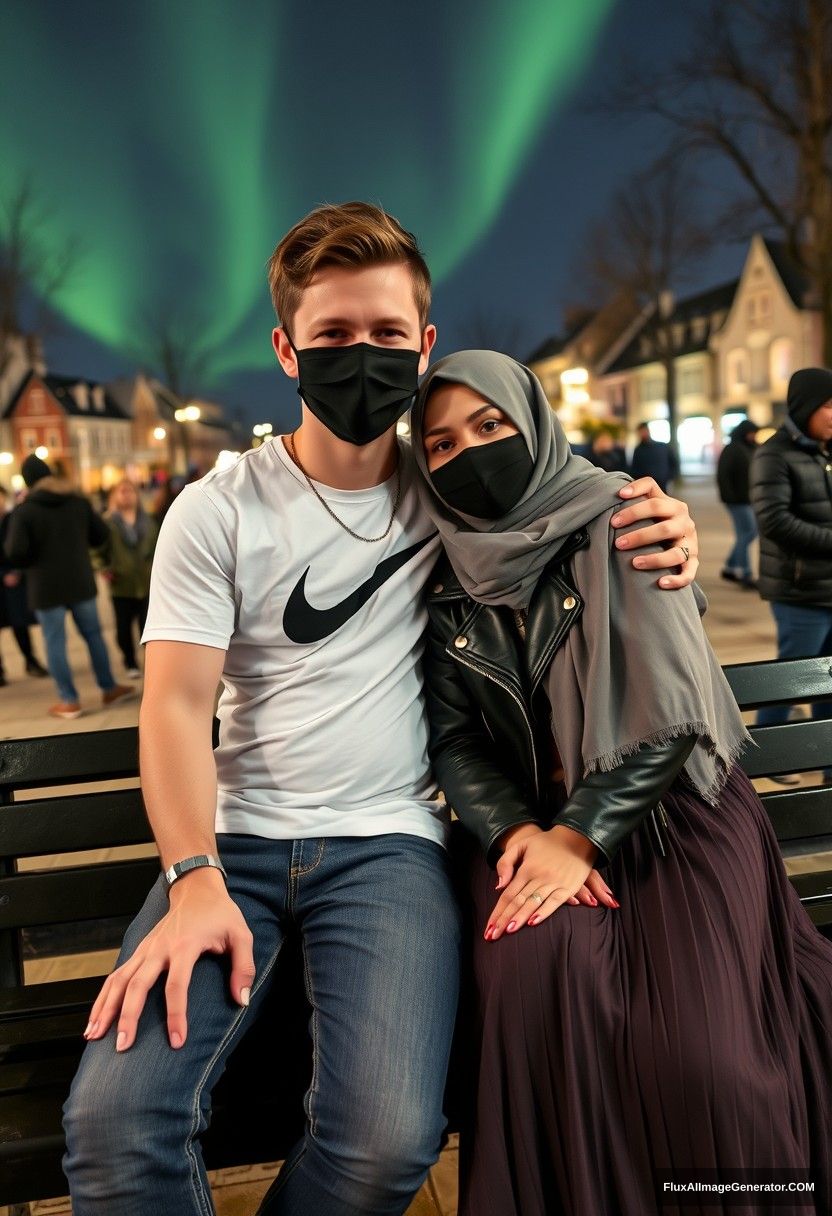 Jamie Dornan, tall, young, wearing a black face mask, a white Nike T-shirt, and jeans, is dating a beautiful Muslim girl in a grey hijab with stunning eyes. She wears a black face mask and a leather jacket, along with the longest and biggest skirt; she is not tall. They are sitting together on a park bench, leaning against each other, in a town with strangers in the background. The scene is photorealistic, capturing a selfie at night with an aurora borealis. - Image