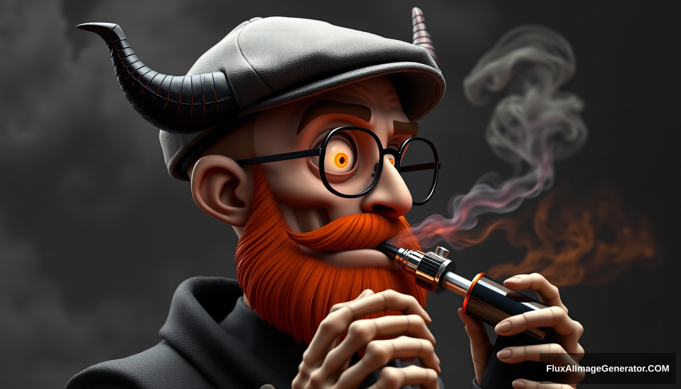 Three-quarter view of a sinister, bald cartoon human male with subtle necromancer features. Demonic obsidian horns contrast with a short, fiery ginger beard. Weathered flat cap and aviator glasses, hellfire glowing eyes. Skeletal fingers clutch a chrome vape mod, exhaling dense, swirling vapor clouds. 3D rendered.