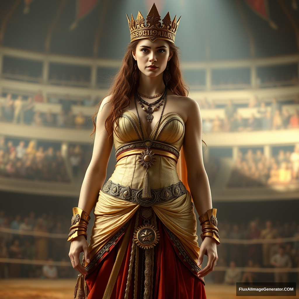 A very very very very very beautiful and gorgeous ancient Queen of wrestling is standing in the arena. She looks extremely beautiful and gorgeous, has pale white skin, and is wearing very long royal clothes. - Image